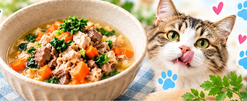 器に盛った鶏レバーとにんじんのスープと、おいしそうに舌をなめる猫