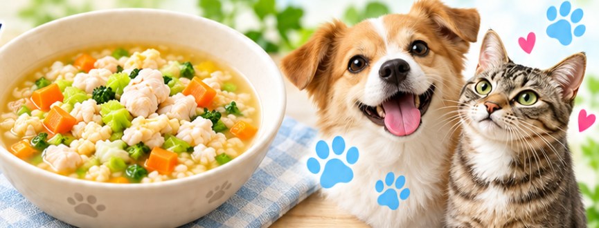器に盛ったスープごはんと、笑顔の犬と猫